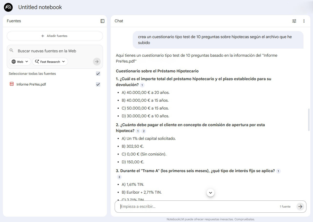 ejemplo cuestinario tipo test con google notebooklm